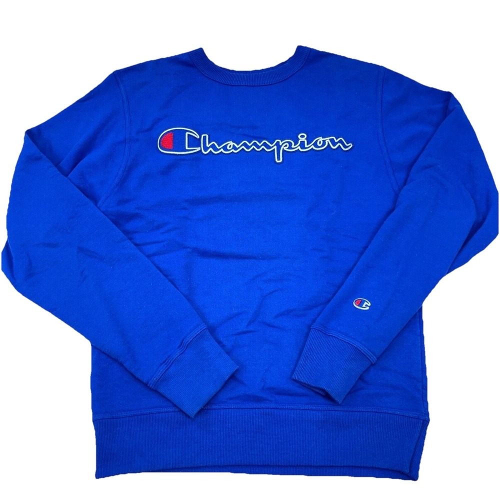 Champion Sweatshirt Men Small Blue White Crew Neck Sweater Spell Out Logo Royal